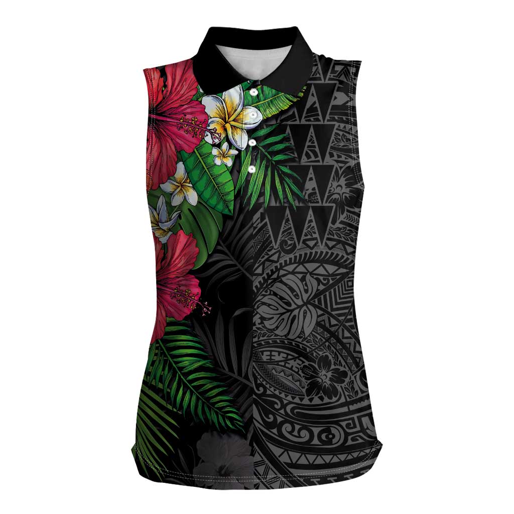 Hawaiian Tropical Plants Women Sleeveless Polo Shirt Kakau Tattoo and Polynesian Pattern Half Black Color LT03 Female Black - Polynesian Pride
