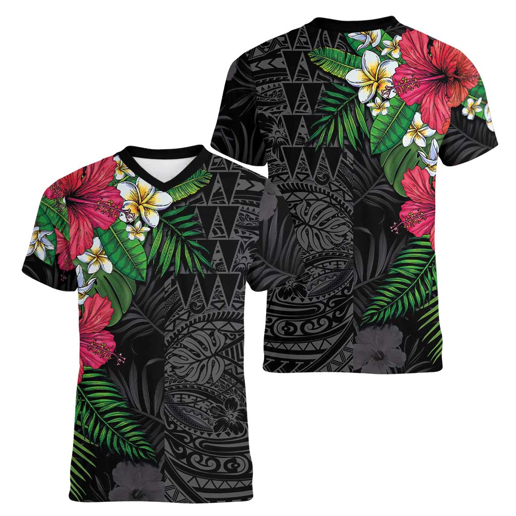 Hawaiian Tropical Plants Women V-Neck T-Shirt Kakau Tattoo and Polynesian Pattern Half Black Color LT03 - Polynesian Pride