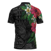 Hawaiian Tropical Plants Zipper Polo Shirt Kakau Tattoo and Polynesian Pattern Half Black Color LT03 - Polynesian Pride