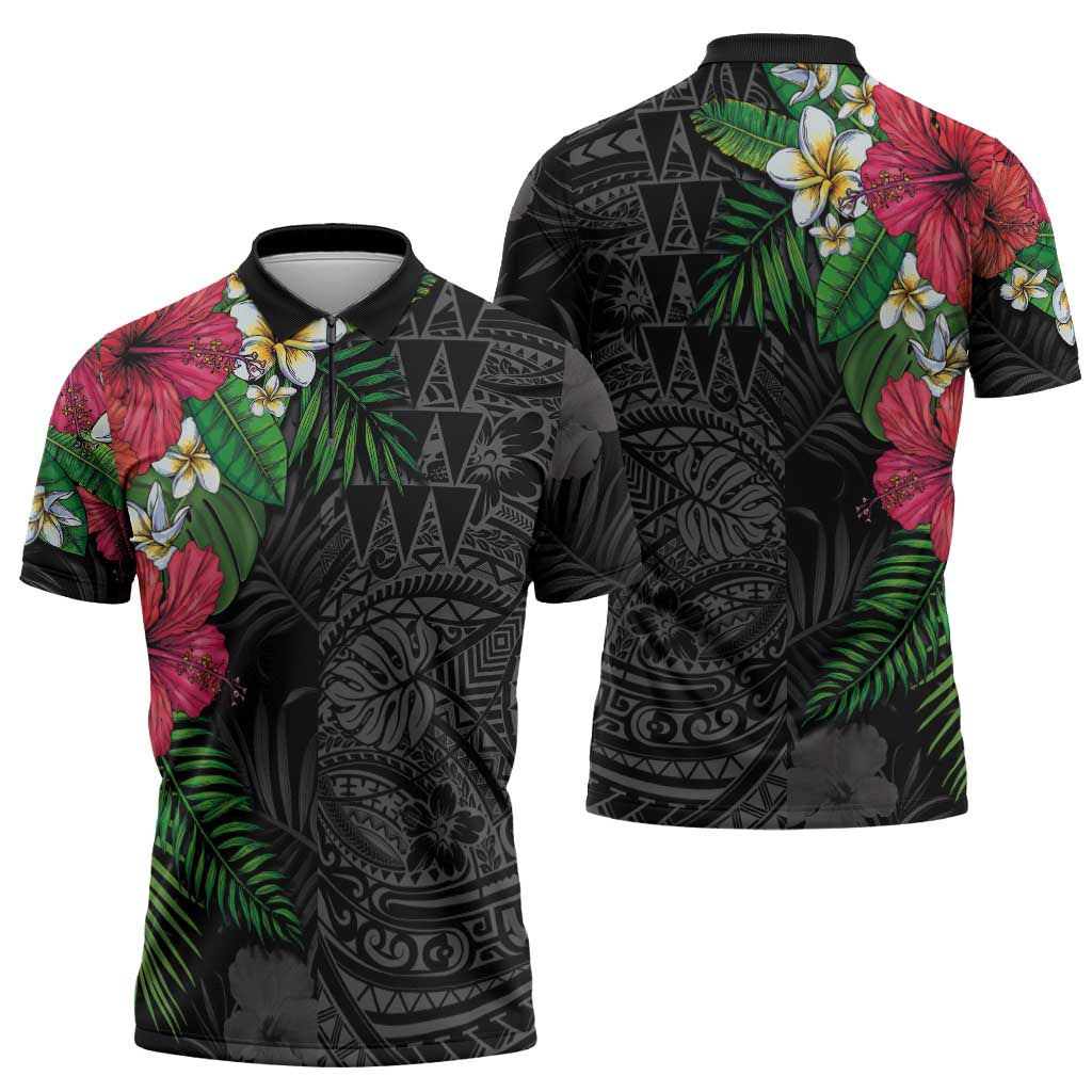 Hawaiian Tropical Plants Zipper Polo Shirt Kakau Tattoo and Polynesian Pattern Half Black Color LT03 - Polynesian Pride