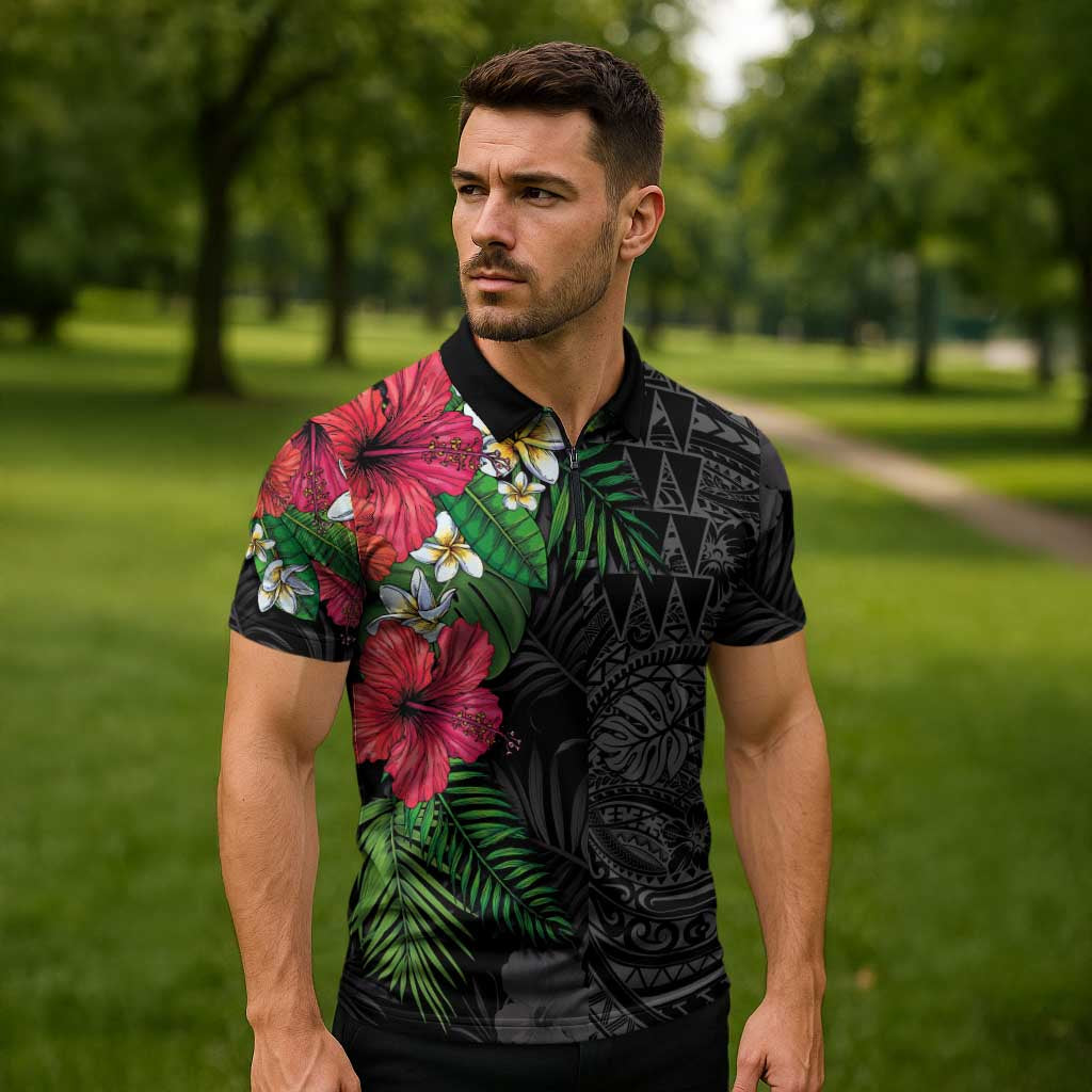 Hawaiian Tropical Plants Zipper Polo Shirt Kakau Tattoo and Polynesian Pattern Half Black Color LT03 - Polynesian Pride