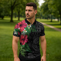 Hawaiian Tropical Plants Zipper Polo Shirt Kakau Tattoo and Polynesian Pattern Half Black Color LT03 - Polynesian Pride