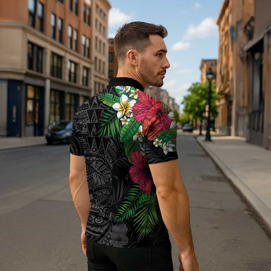Hawaiian Tropical Plants Zipper Polo Shirt Kakau Tattoo and Polynesian Pattern Half Black Color LT03 - Polynesian Pride