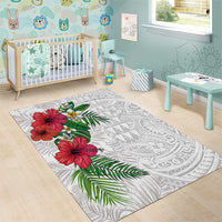 Hawaiian Tropical Plants Area Rug Kakau Tattoo and Polynesian Pattern Half White Color