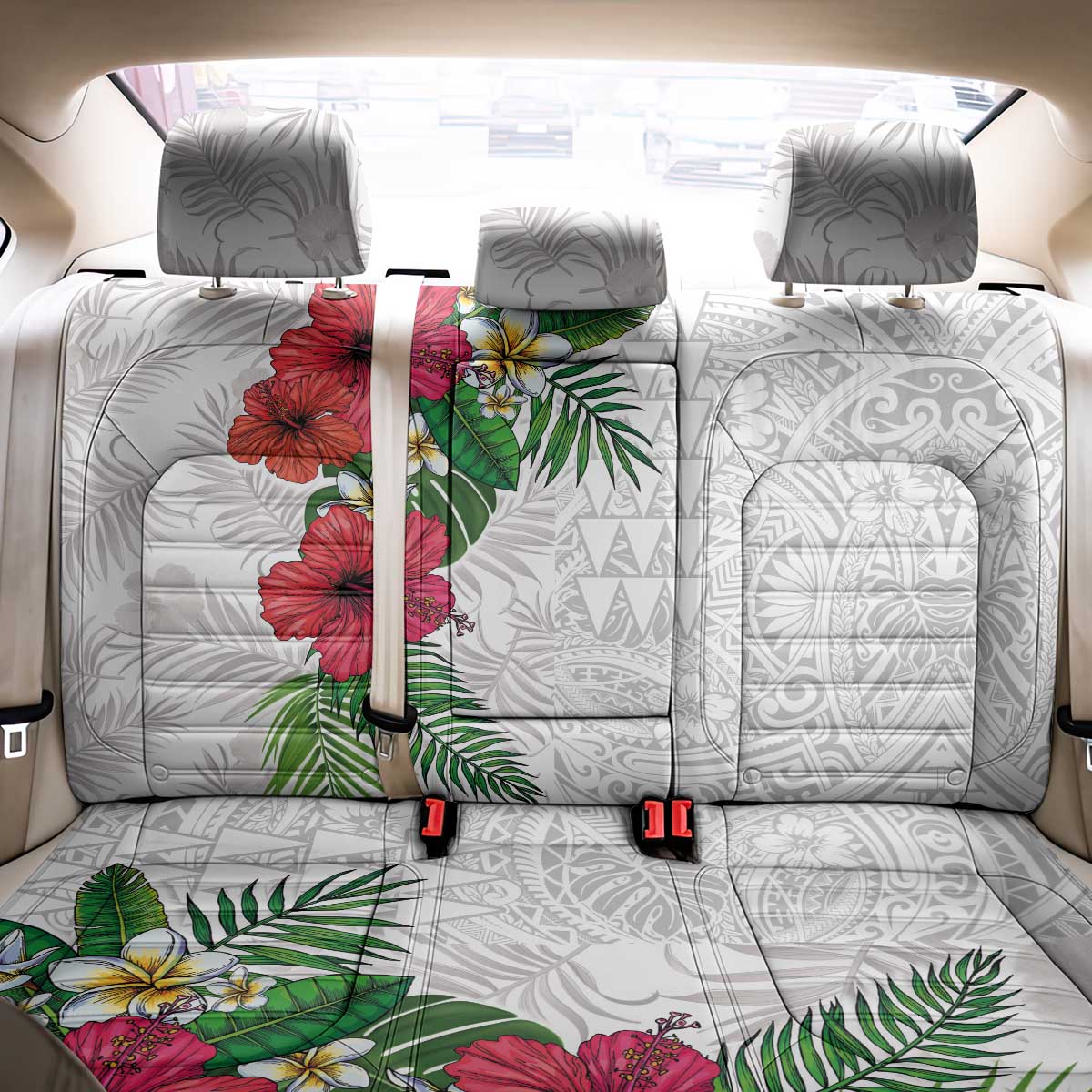 Hawaiian Tropical Plants Back Car Seat Cover Kakau Tattoo and Polynesian Pattern Half White Color LT03 - Polynesian Pride