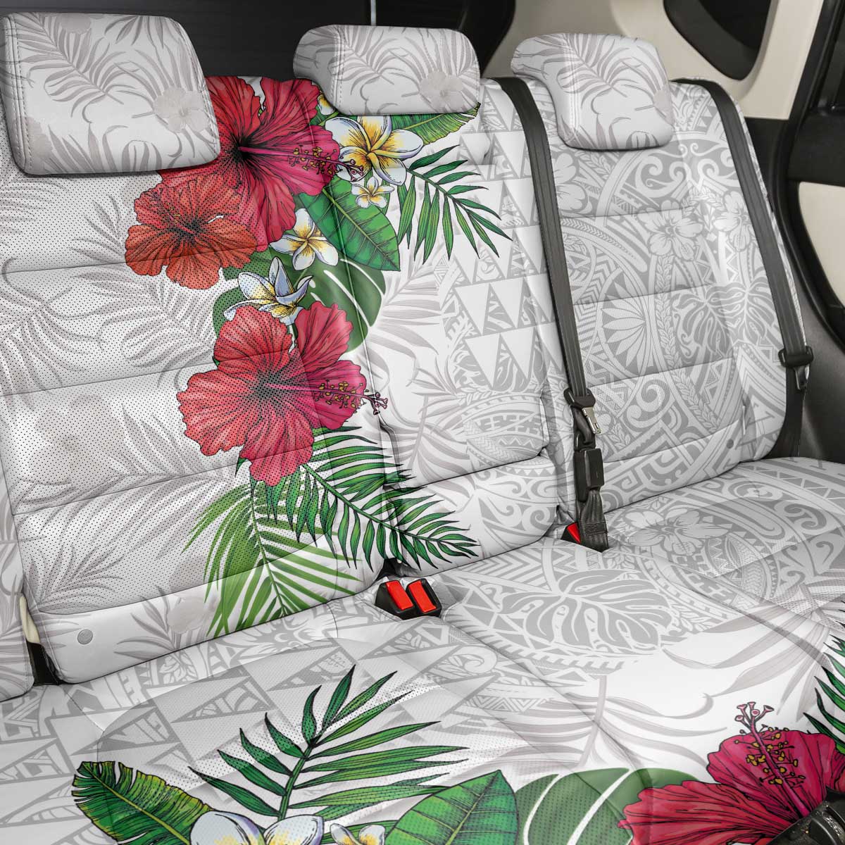 Hawaiian Tropical Plants Back Car Seat Cover Kakau Tattoo and Polynesian Pattern Half White Color LT03 - Polynesian Pride