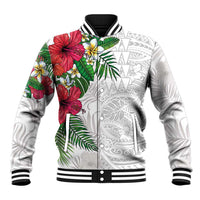 Hawaiian Tropical Plants Baseball Jacket Kakau Tattoo and Polynesian Pattern Half White Color LT03 Unisex White - Polynesian Pride