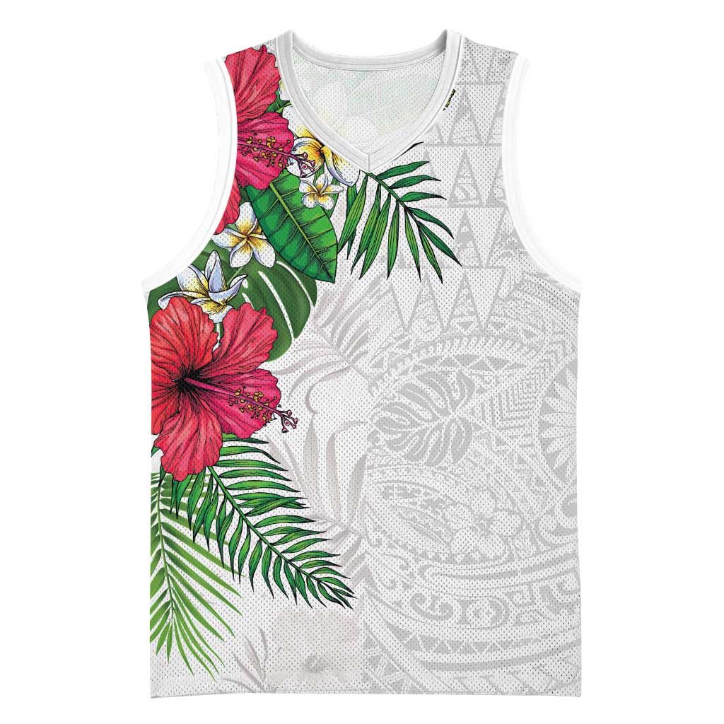 Hawaiian Tropical Plants Basketball Jersey Kakau Tattoo and Polynesian Pattern Half White Color LT03 Unisex White - Polynesian Pride