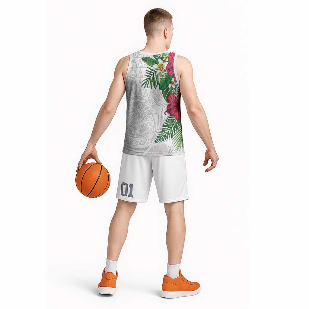 Hawaiian Tropical Plants Basketball Jersey Kakau Tattoo and Polynesian Pattern Half White Color LT03 - Polynesian Pride