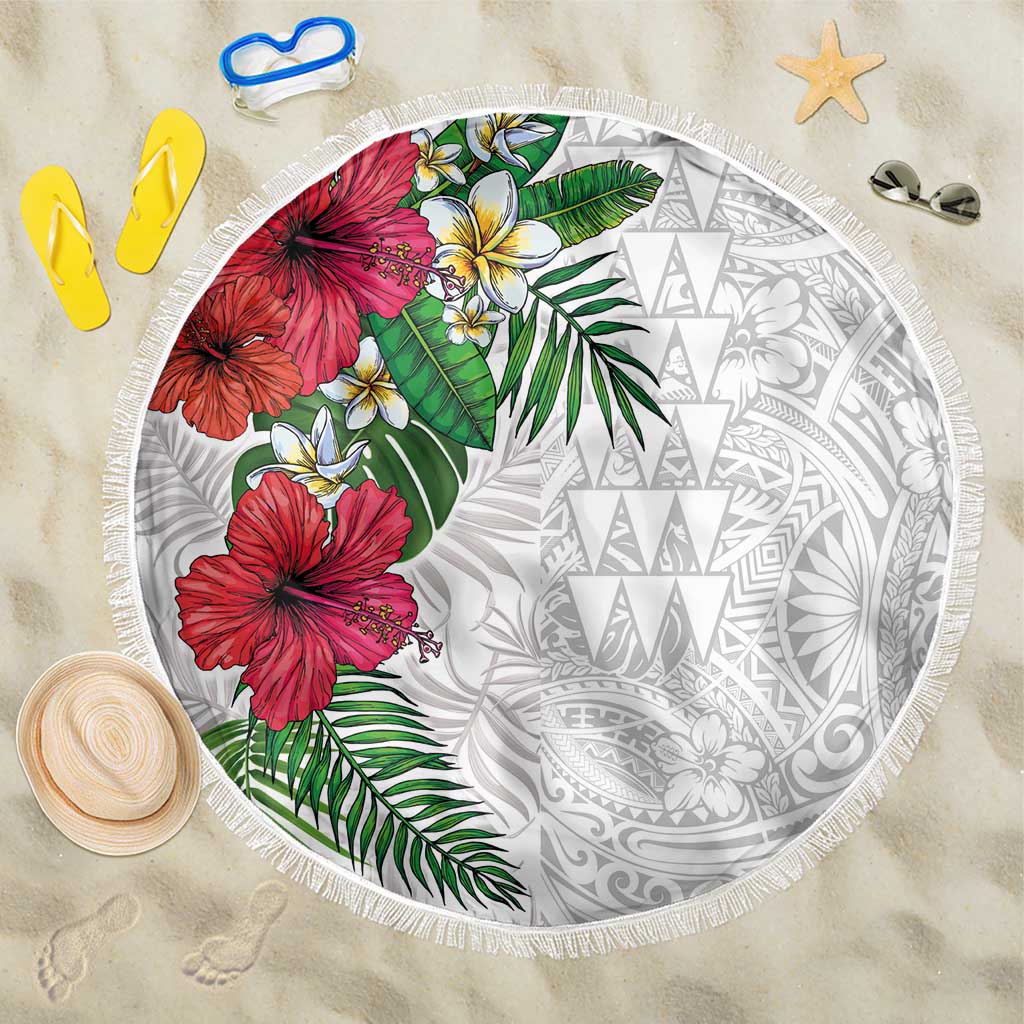 Hawaiian Tropical Plants Beach Blanket Kakau Tattoo and Polynesian Pattern Half White Color