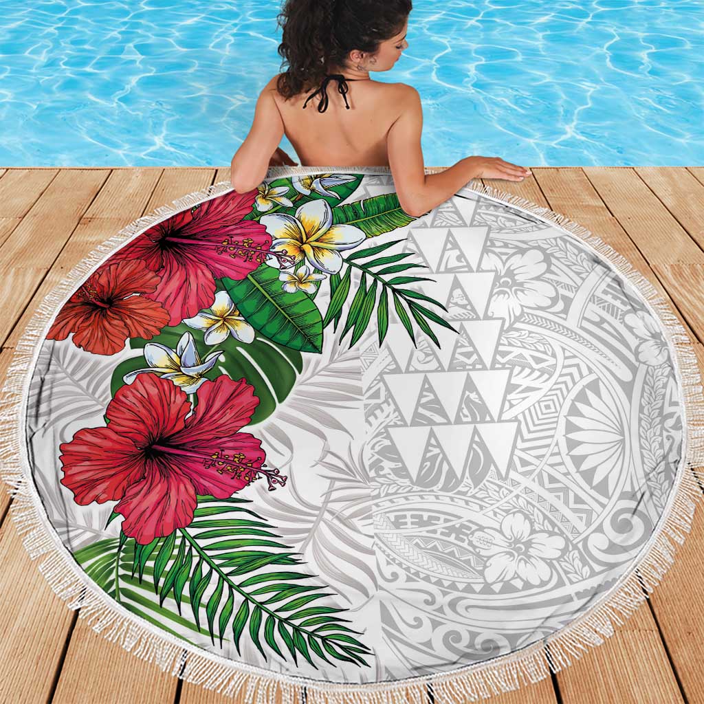 Hawaiian Tropical Plants Beach Blanket Kakau Tattoo and Polynesian Pattern Half White Color