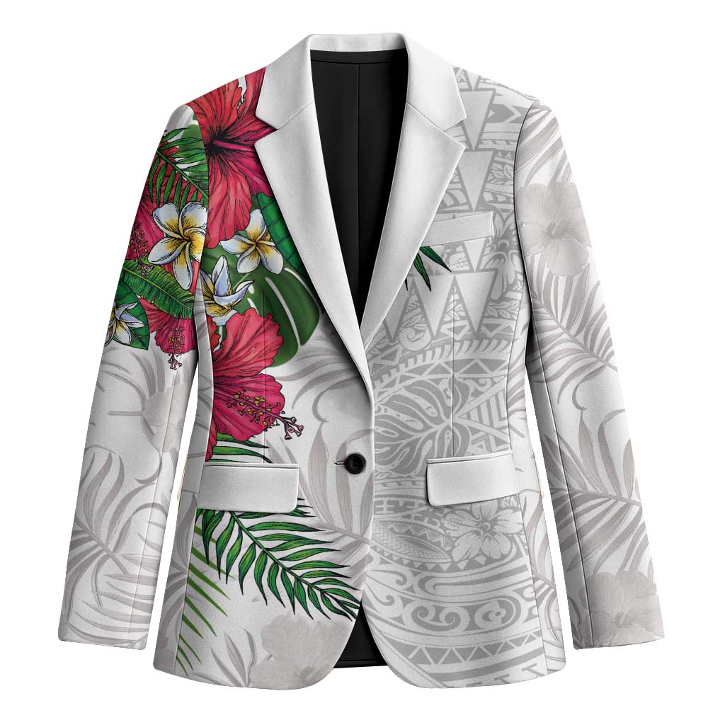 Hawaiian Tropical Plants Blazer Kakau Tattoo and Polynesian Pattern Half White Color LT03 Unisex White - Polynesian Pride