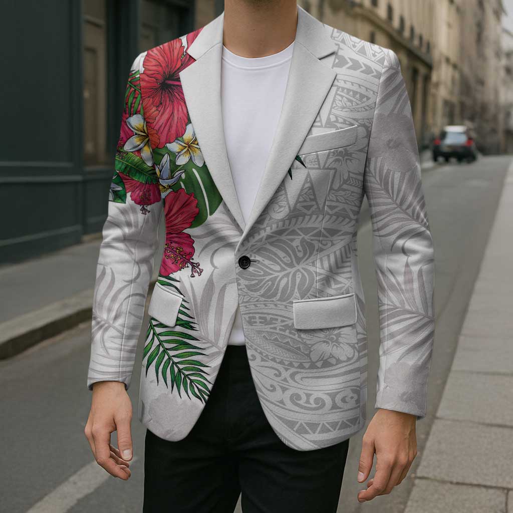 Hawaiian Tropical Plants Blazer Kakau Tattoo and Polynesian Pattern Half White Color LT03 - Polynesian Pride
