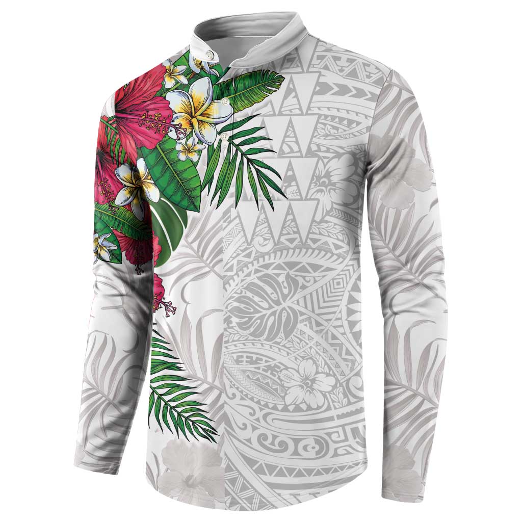 Hawaiian Tropical Plants Button Sweatshirt Kakau Tattoo and Polynesian Pattern Half White Color LT03 - Polynesian Pride