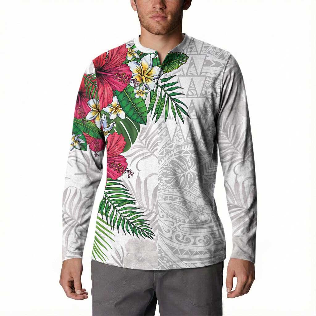 Hawaiian Tropical Plants Button Sweatshirt Kakau Tattoo and Polynesian Pattern Half White Color LT03 - Polynesian Pride