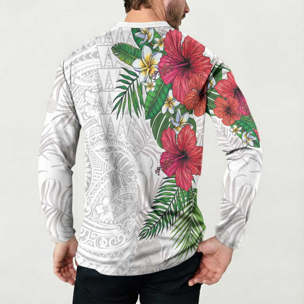 Hawaiian Tropical Plants Button Sweatshirt Kakau Tattoo and Polynesian Pattern Half White Color LT03 - Polynesian Pride
