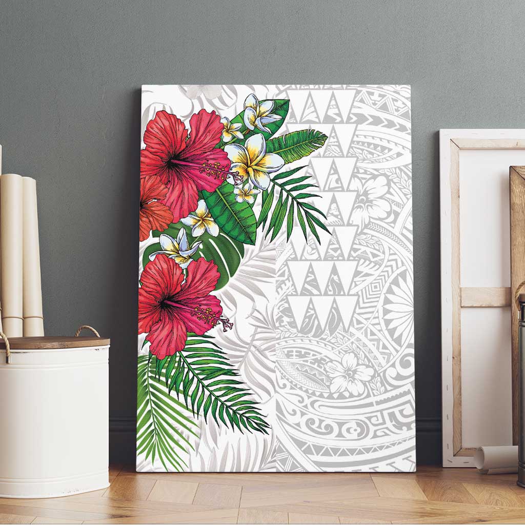 Hawaiian Tropical Plants Canvas Wall Art Kakau Tattoo and Polynesian Pattern Half White Color