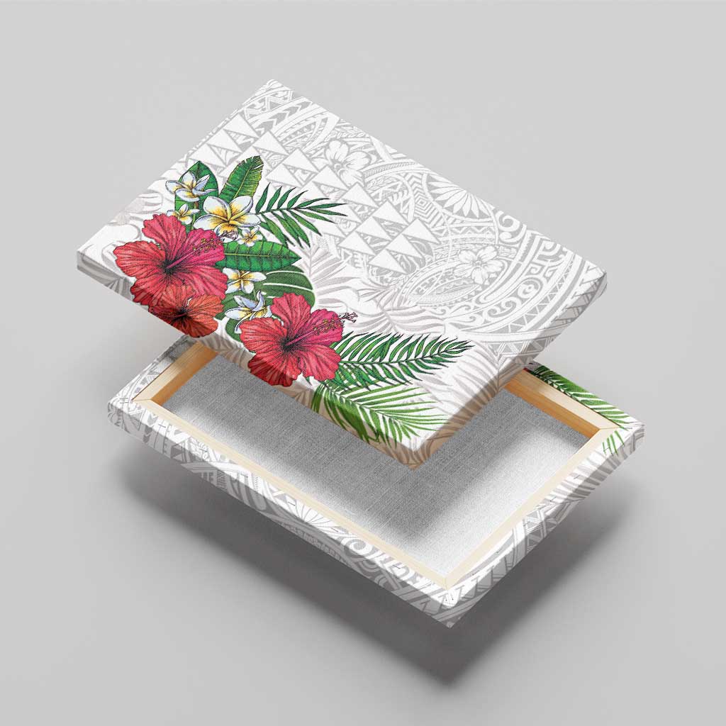 Hawaiian Tropical Plants Canvas Wall Art Kakau Tattoo and Polynesian Pattern Half White Color
