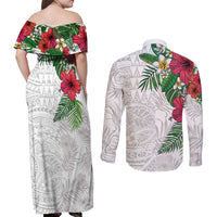Hawaiian Tropical Plants Couples Matching Off Shoulder Maxi Dress and Long Sleeve Button Shirt Kakau Tattoo and Polynesian Pattern Half White Color LT03 - Polynesian Pride