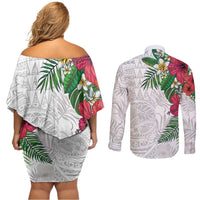 Hawaiian Tropical Plants Couples Matching Off Shoulder Short Dress and Long Sleeve Button Shirt Kakau Tattoo and Polynesian Pattern Half White Color LT03 - Polynesian Pride