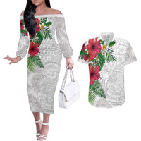 Hawaiian Tropical Plants Couples Matching Off The Shoulder Long Sleeve Dress and Hawaiian Shirt Kakau Tattoo and Polynesian Pattern Half White Color