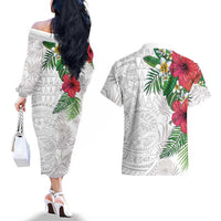 Hawaiian Tropical Plants Couples Matching Off The Shoulder Long Sleeve Dress and Hawaiian Shirt Kakau Tattoo and Polynesian Pattern Half White Color