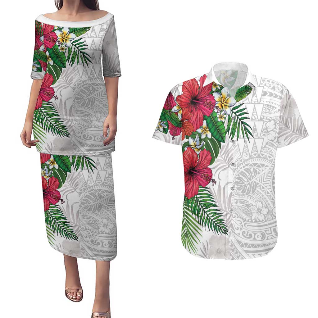 Hawaiian Tropical Plants Couples Matching Puletasi and Hawaiian Shirt Kakau Tattoo and Polynesian Pattern Half White Color LT03 White - Polynesian Pride