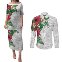 Hawaiian Tropical Plants Couples Matching Puletasi and Long Sleeve Button Shirt Kakau Tattoo and Polynesian Pattern Half White Color LT03 White - Polynesian Pride