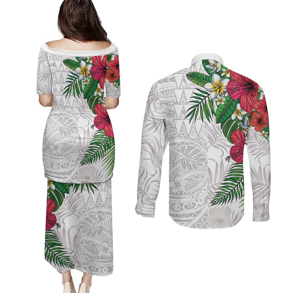 Hawaiian Tropical Plants Couples Matching Puletasi and Long Sleeve Button Shirt Kakau Tattoo and Polynesian Pattern Half White Color LT03 - Polynesian Pride