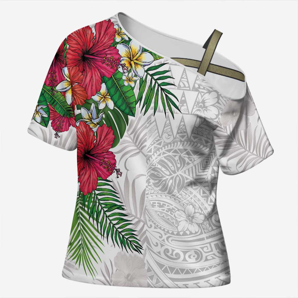 Hawaiian Tropical Plants Cross Shoulder Shirt Kakau Tattoo and Polynesian Pattern Half White Color LT03 Female White - Polynesian Pride
