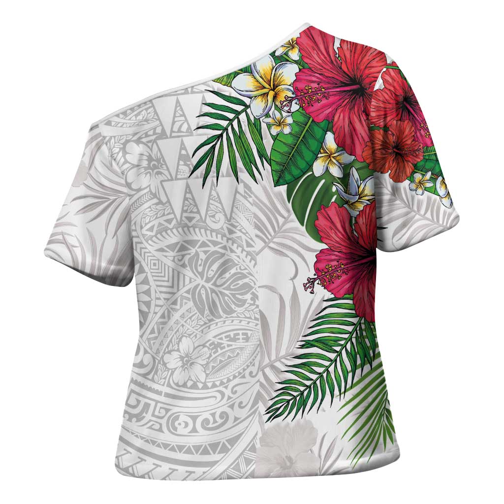 Hawaiian Tropical Plants Cross Shoulder Shirt Kakau Tattoo and Polynesian Pattern Half White Color LT03 - Polynesian Pride