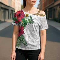 Hawaiian Tropical Plants Cross Shoulder Shirt Kakau Tattoo and Polynesian Pattern Half White Color LT03 - Polynesian Pride