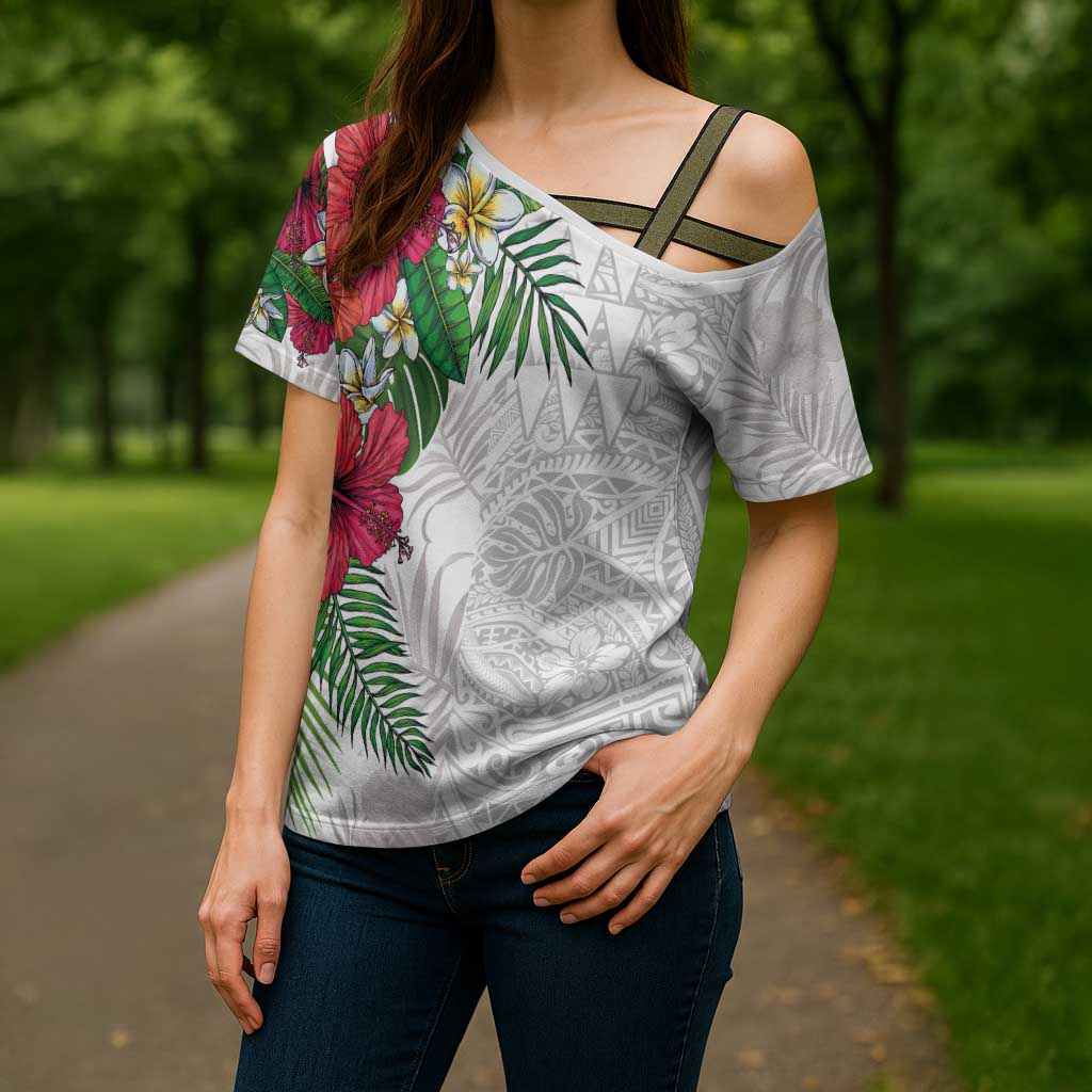 Hawaiian Tropical Plants Cross Shoulder Shirt Kakau Tattoo and Polynesian Pattern Half White Color LT03 - Polynesian Pride