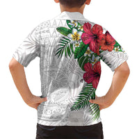 Hawaiian Tropical Plants Family Matching Mermaid Dress and Hawaiian Shirt Kakau Tattoo and Polynesian Pattern Half White Color