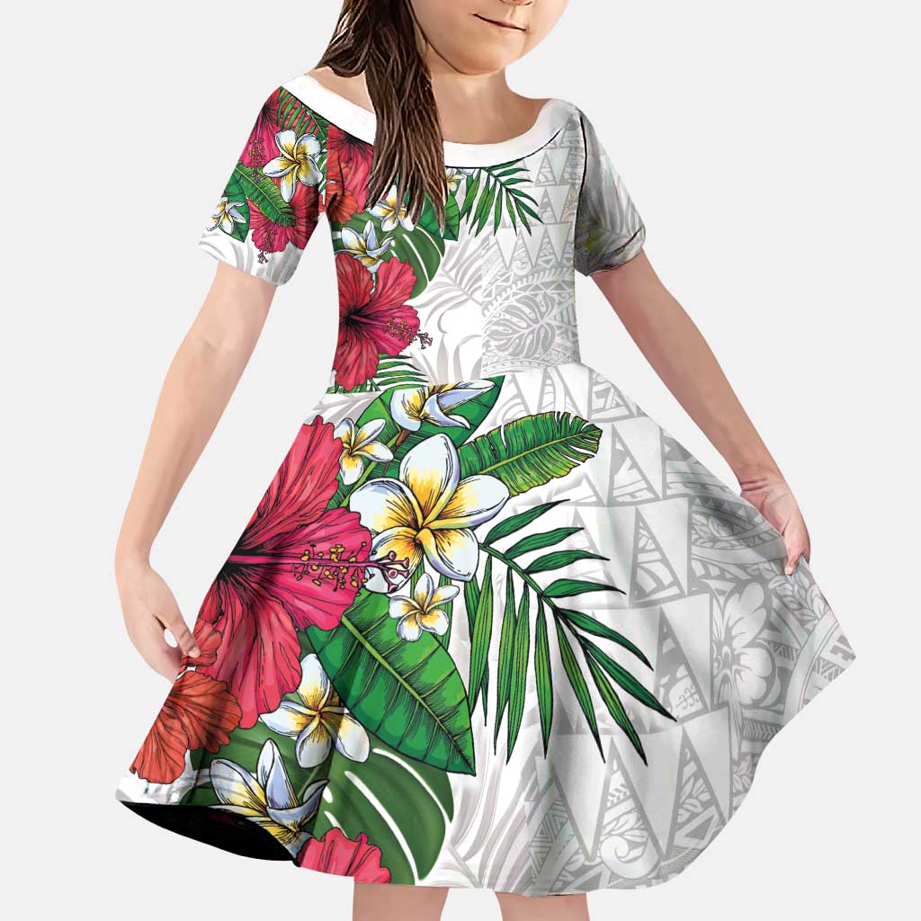 Hawaiian Tropical Plants Family Matching Mermaid Dress and Hawaiian Shirt Kakau Tattoo and Polynesian Pattern Half White Color
