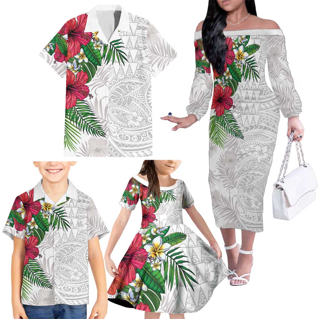 Hawaiian Tropical Plants Family Matching Off The Shoulder Long Sleeve Dress and Hawaiian Shirt Kakau Tattoo and Polynesian Pattern Half White Color LT03 - Polynesian Pride