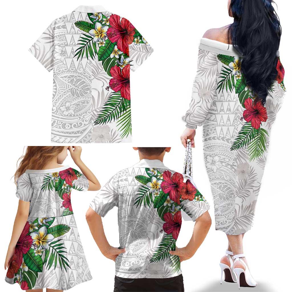 Hawaiian Tropical Plants Family Matching Off The Shoulder Long Sleeve Dress and Hawaiian Shirt Kakau Tattoo and Polynesian Pattern Half White Color