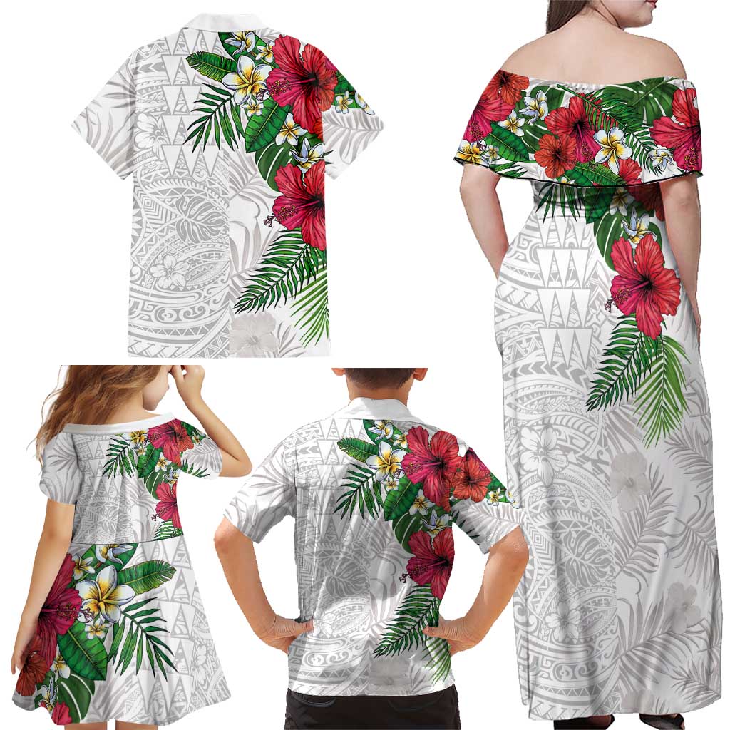 Hawaiian Tropical Plants Family Matching Off Shoulder Maxi Dress and Hawaiian Shirt Kakau Tattoo and Polynesian Pattern Half White Color