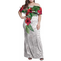Hawaiian Tropical Plants Family Matching Off Shoulder Maxi Dress and Hawaiian Shirt Kakau Tattoo and Polynesian Pattern Half White Color