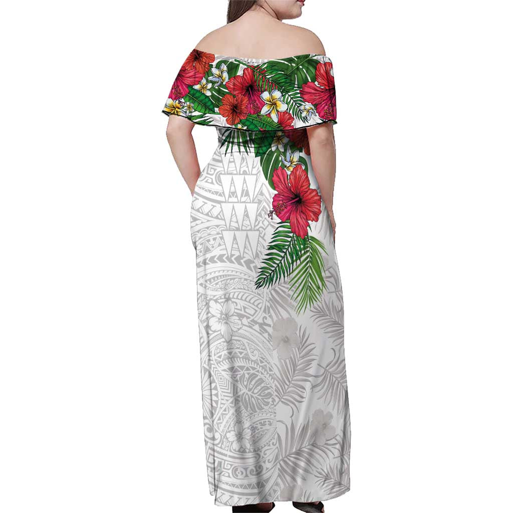 Hawaiian Tropical Plants Family Matching Off Shoulder Maxi Dress and Hawaiian Shirt Kakau Tattoo and Polynesian Pattern Half White Color