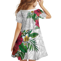 Hawaiian Tropical Plants Family Matching Off Shoulder Short Dress and Hawaiian Shirt Kakau Tattoo and Polynesian Pattern Half White Color