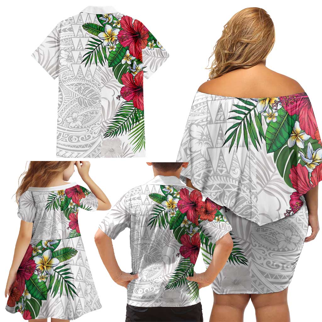Hawaiian Tropical Plants Family Matching Off Shoulder Short Dress and Hawaiian Shirt Kakau Tattoo and Polynesian Pattern Half White Color
