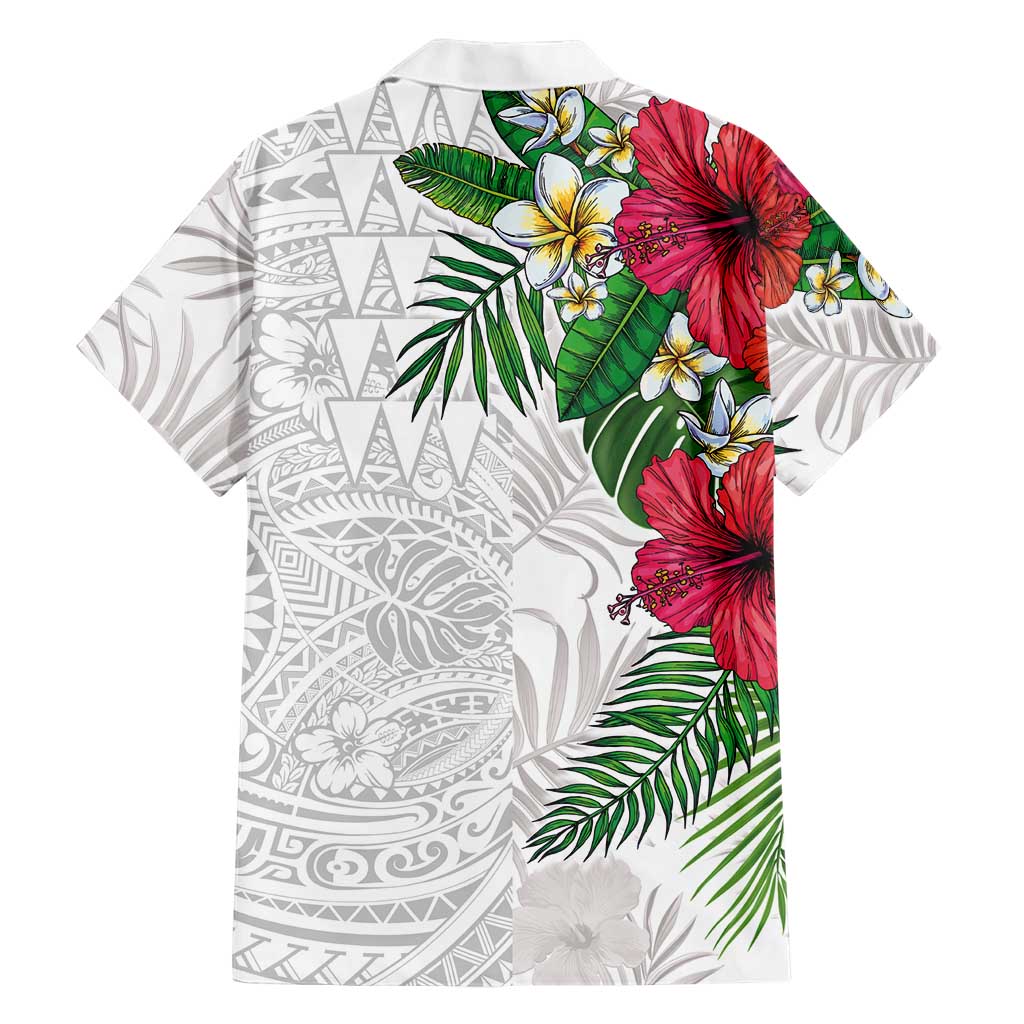 Hawaiian Tropical Plants Family Matching Off Shoulder Short Dress and Hawaiian Shirt Kakau Tattoo and Polynesian Pattern Half White Color