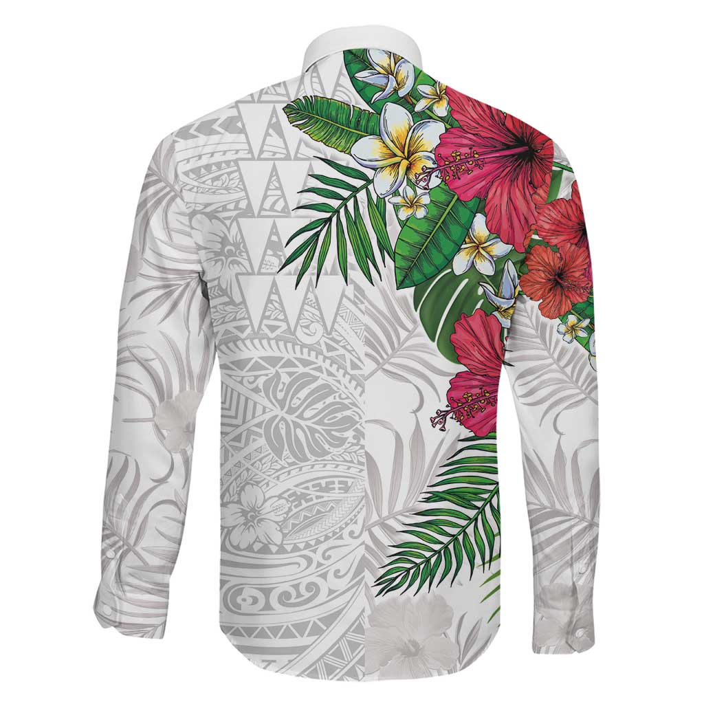 Hawaiian Tropical Plants Family Matching Off Shoulder Short Dress and Hawaiian Shirt Kakau Tattoo and Polynesian Pattern Half White Color
