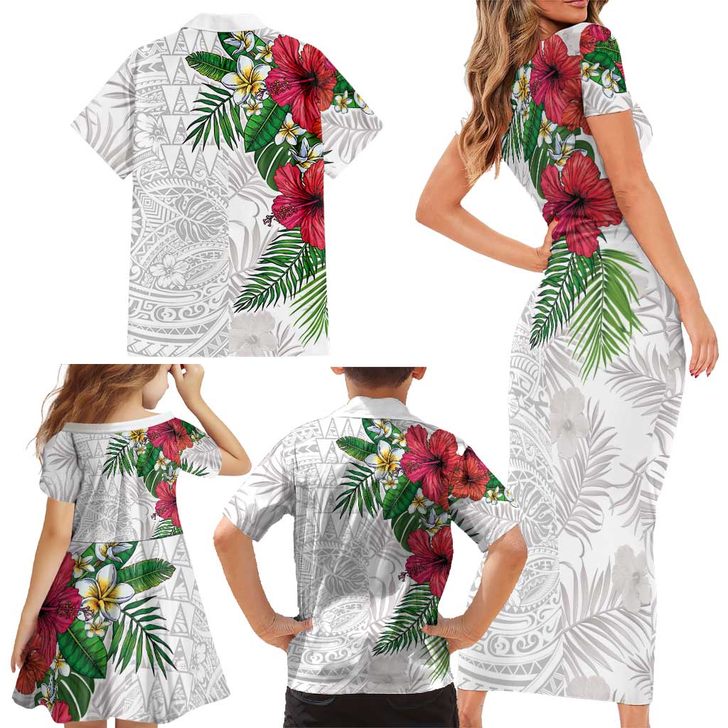 Hawaiian Tropical Plants Family Matching Short Sleeve Bodycon Dress and Hawaiian Shirt Kakau Tattoo and Polynesian Pattern Half White Color