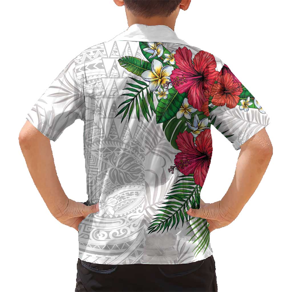 Hawaiian Tropical Plants Family Matching Summer Maxi Dress and Hawaiian Shirt Kakau Tattoo and Polynesian Pattern Half White Color