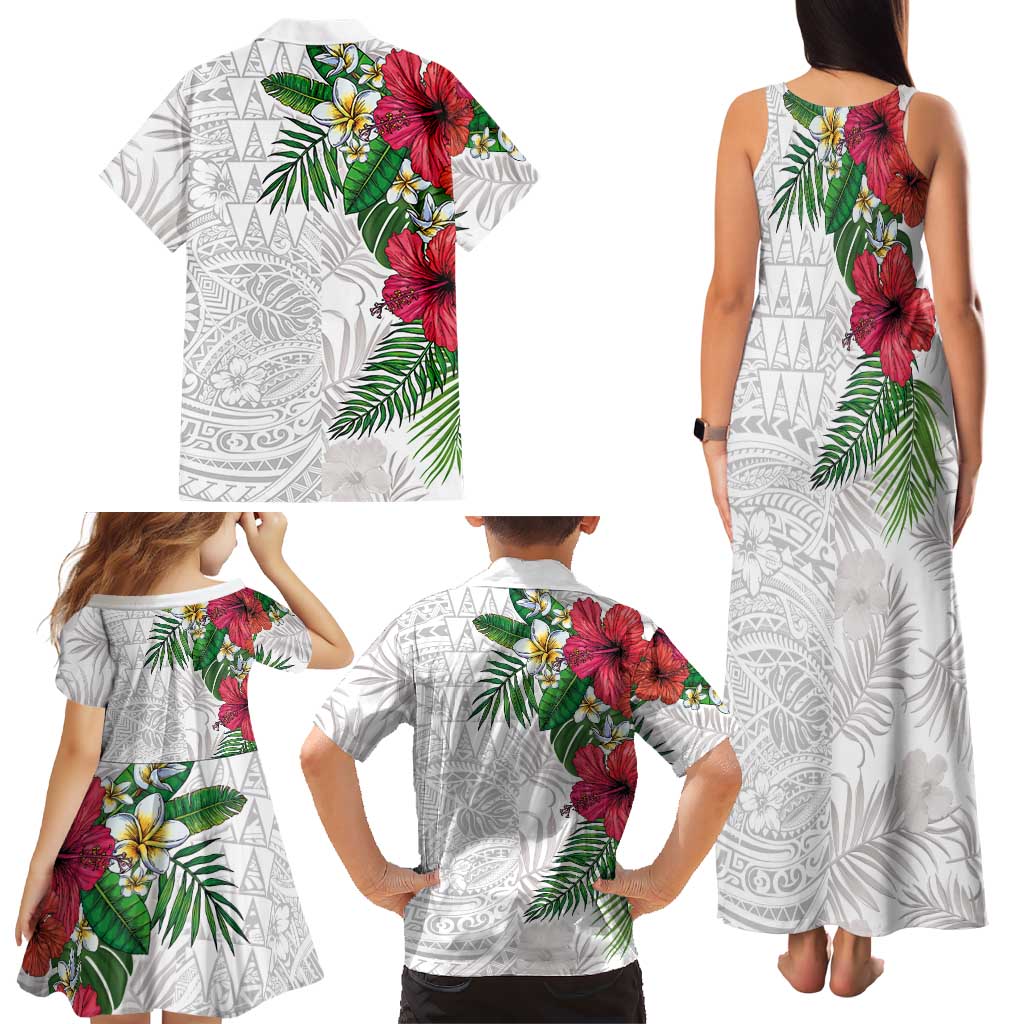 Hawaiian Tropical Plants Family Matching Tank Maxi Dress and Hawaiian Shirt Kakau Tattoo and Polynesian Pattern Half White Color