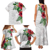 Hawaiian Tropical Plants Family Matching Tank Maxi Dress and Hawaiian Shirt Kakau Tattoo and Polynesian Pattern Half White Color