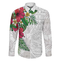 Hawaiian Tropical Plants Family Matching Tank Maxi Dress and Hawaiian Shirt Kakau Tattoo and Polynesian Pattern Half White Color