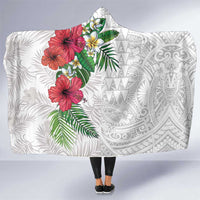 Hawaiian Tropical Plants Hooded Blanket Kakau Tattoo and Polynesian Pattern Half White Color